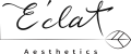 這是一個名為「Eclat Aesthetics」的美容品牌標誌，採用優雅的手寫字體、搭配簡約的葉子圖形設計，展現專業與自然美感，適合用於美容與護膚相關網站。