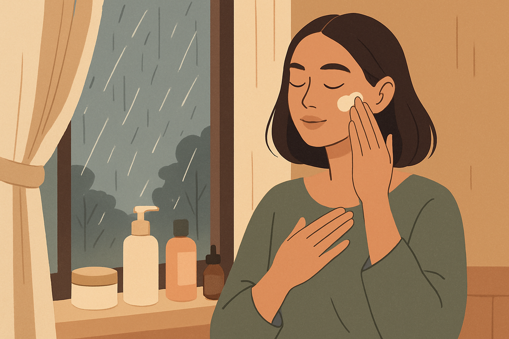 這張圖片展示一位女性在雨天的窗前，輕柔地塗抹保濕乳液，窗邊擺放著多款護膚產品，呈現出保養肌膚的舒適氛圍。