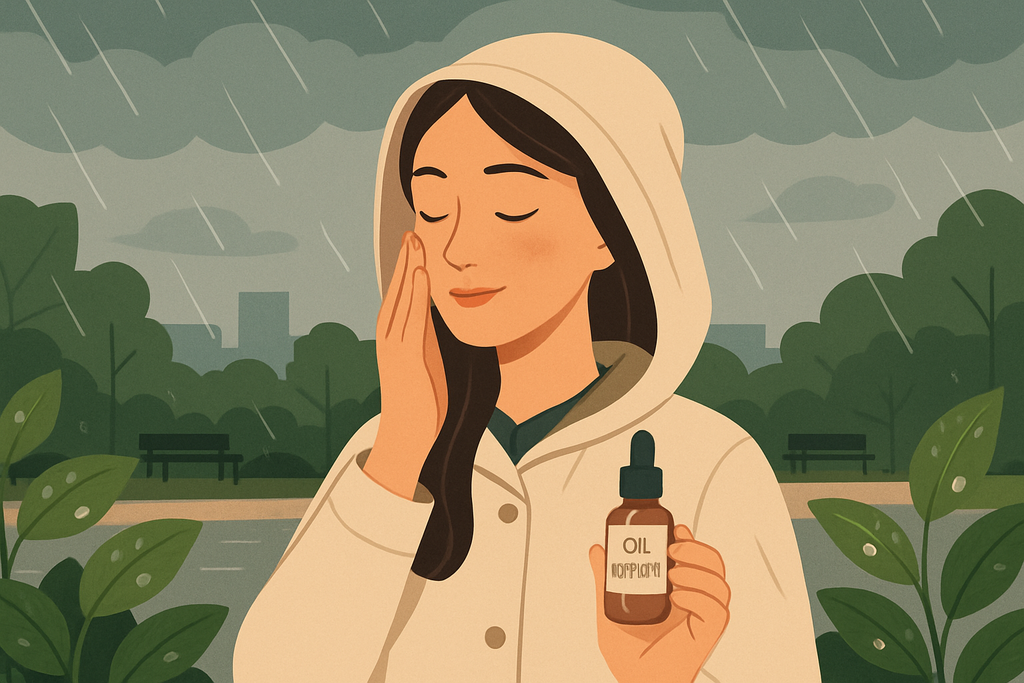 圖中女孩身穿白色外套，在雨中輕觸自己的臉龐，手中握著保濕乳液，表情放鬆，展現出保濕護膚的美好體驗。