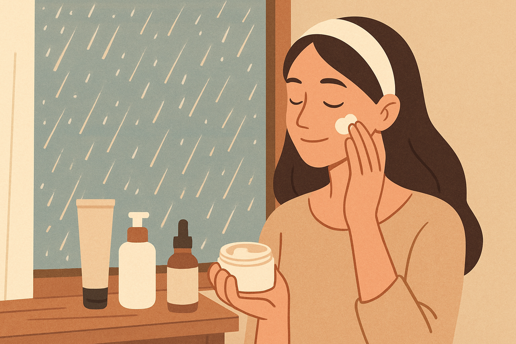 這張圖片展示了一位女性在窗邊，雨滴輕輕拍打窗戶，她正使用保濕乳液，面對鏡子輕輕擦拭臉部，身旁擺放著潔顏露和護膚產品，營造舒適的護膚氛圍。