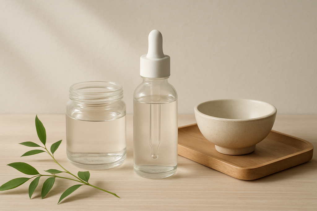 這張圖片展示了一瓶保濕乳液和一個玻璃罐，旁邊有一個小碗，背景簡約自然，展現出舒適的護膚氛圍，強調保濕與護膚的重要性。