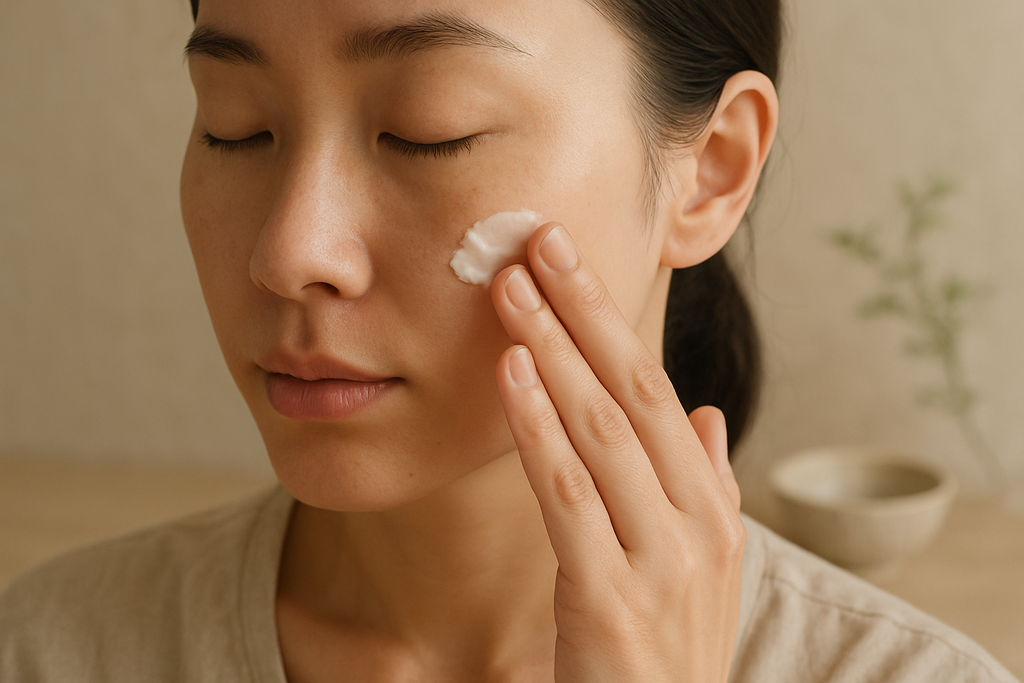 一位女性輕柔地將保濕乳液塗抹在臉頰上，展現出深度保濕與護膚效果，房間內的自然光映襯出她的肌膚質感，訴說著肌膚保養的重要性。