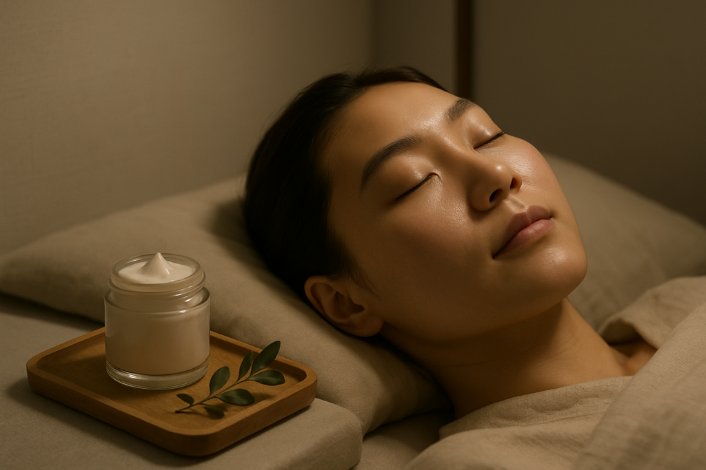 一位女性在床上閉上眼睛放鬆，旁邊擺放著一罐保濕乳液，顯示出針對肌膚的深層滋潤與保養。