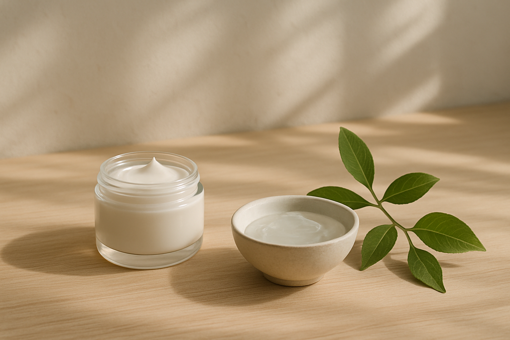 這張圖片展示一瓶保濕乳液和一碗透明的護膚產品，旁邊還有一片綠葉，整體擺放在木質桌面上，表達自然與純淨之感，非常適合用於保養肌膚的產品。