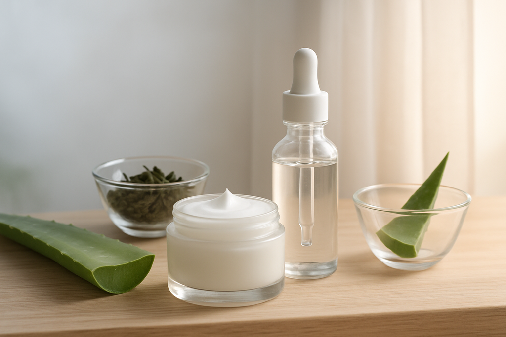 圖片展示了一組保濕乳液和護膚精華的產品，背景上有鮮綠的蘆薈葉和茶葉，顯示出自然成分的保養魅力，適合注重保濕的台灣使用者。