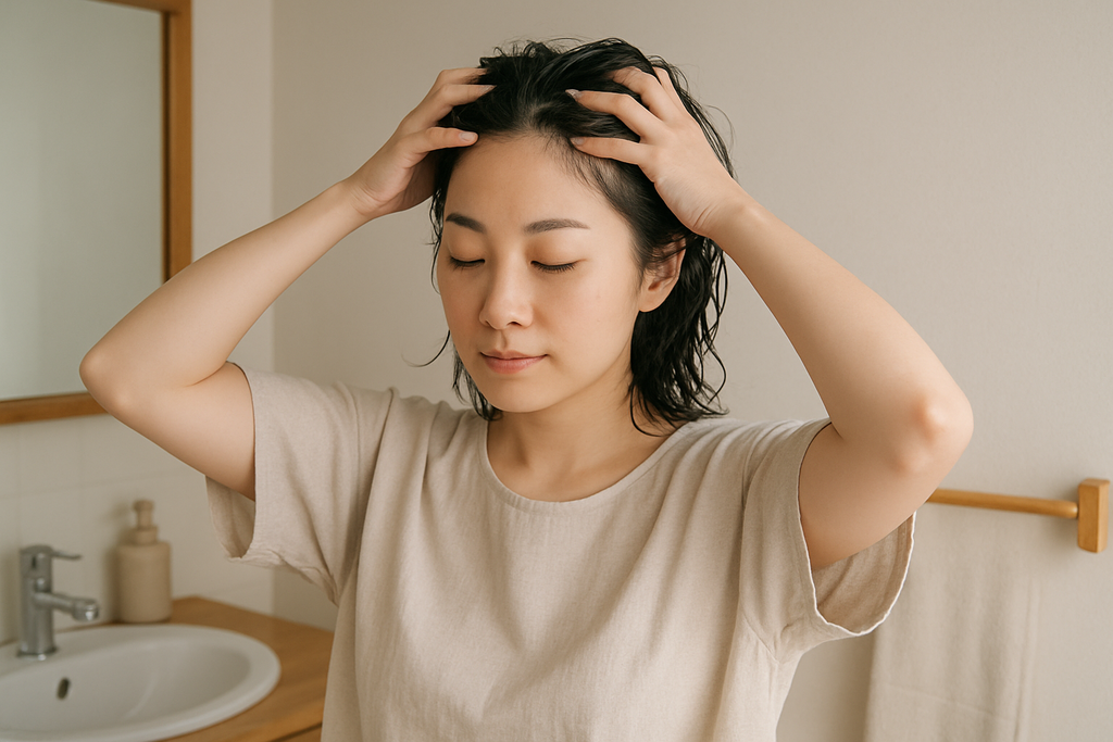 這張圖片展示一位女性在浴室內進行頭皮保養，她輕輕用手指按摩頭皮，感受保濕乳液的滋潤。背景有洗手台和衛生用品，營造出舒適的護理氛圍。