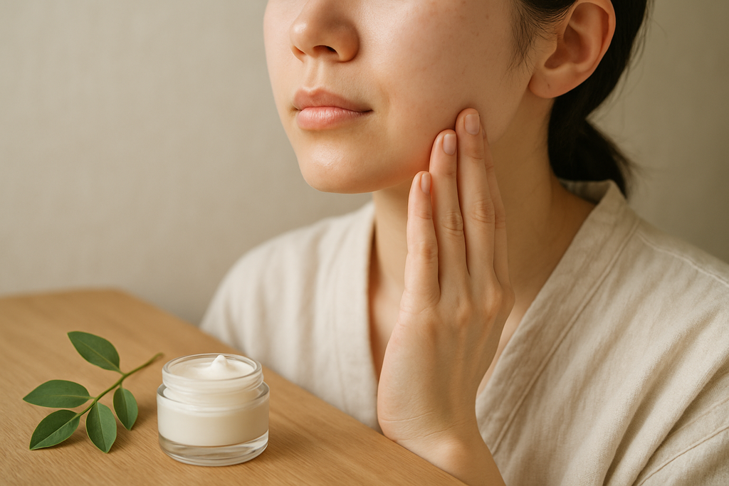 這張圖片展示了一位女性正輕輕擦拭臉頰，手邊有一瓶保濕乳液和一片綠葉，營造出輕鬆的護膚氛圍，適合日常保濕使用。