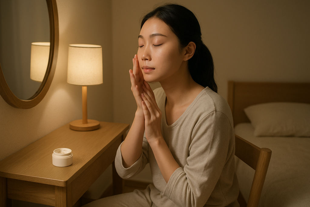 一名女性正在晚上使用保濕乳液，面對鏡子，專注於照顧她的肌膚，旁邊有一盞柔和的燈光，桌上放著一瓶保濕乳液，為夜間護理增添舒適感。