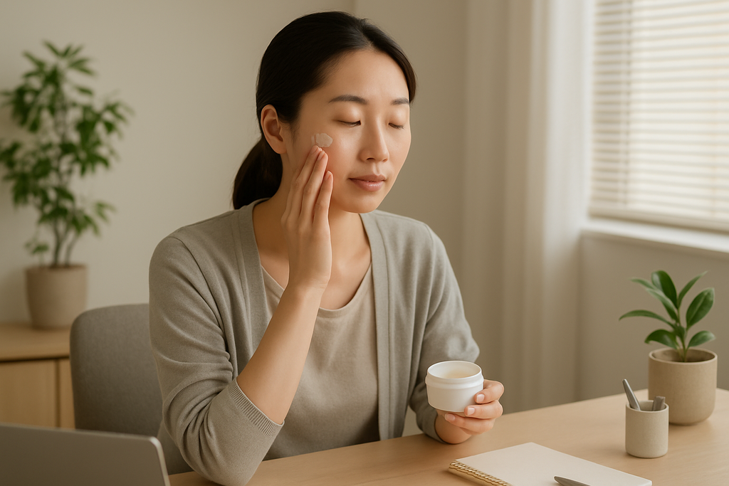 一位女性坐在桌前，輕柔地將保濕乳液塗抹在臉頰上，桌上擺放著筆記本和植物，營造舒適的護膚氛圍。