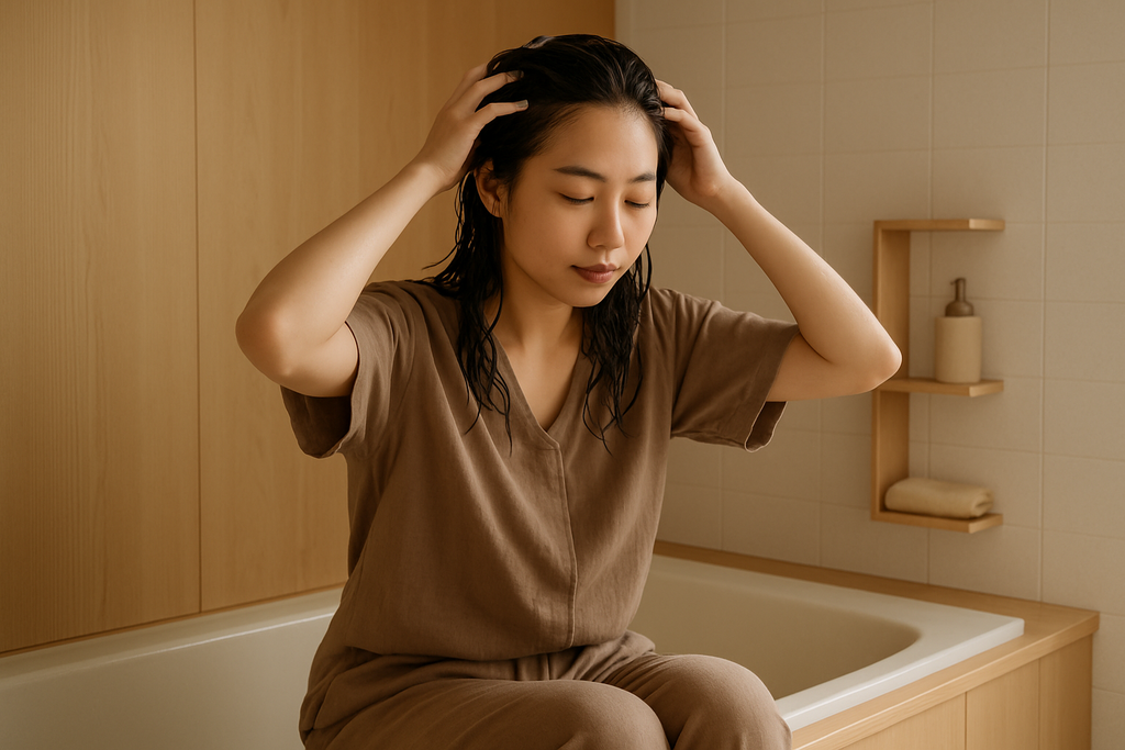 一位女性坐在浴室的浴缸旁，正在進行頭皮保養，低頭輕柔地按摩著頭皮，突出護髮的重要性，展現她使用護髮素的過程。