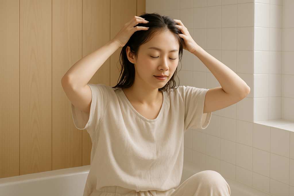 一位年輕女性坐在浴室中，輕柔地按摩自己的頭皮，使用保濕乳液進行頭皮保養，營造放鬆的氛圍，享受護髮過程。