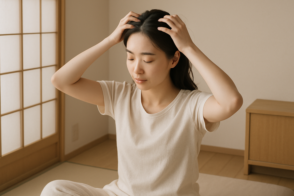 圖片中，一位年輕女性正坐在舒適的室內環境中，專注於頭皮保養的過程，她輕輕地用手指按摩頭皮，展現出放鬆的神情，這是一個完善的頭皮保養步驟，適合在日常護理中加入。
