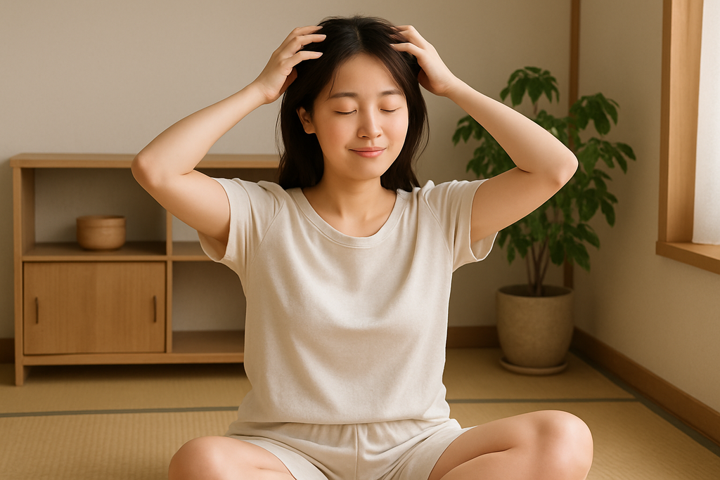 圖片中，一位年輕女性坐在日式風格的房間裡，雙手輕輕按摩著自己的頭皮，表情放鬆且愉悅，展現了頭皮保養的輕鬆時刻。