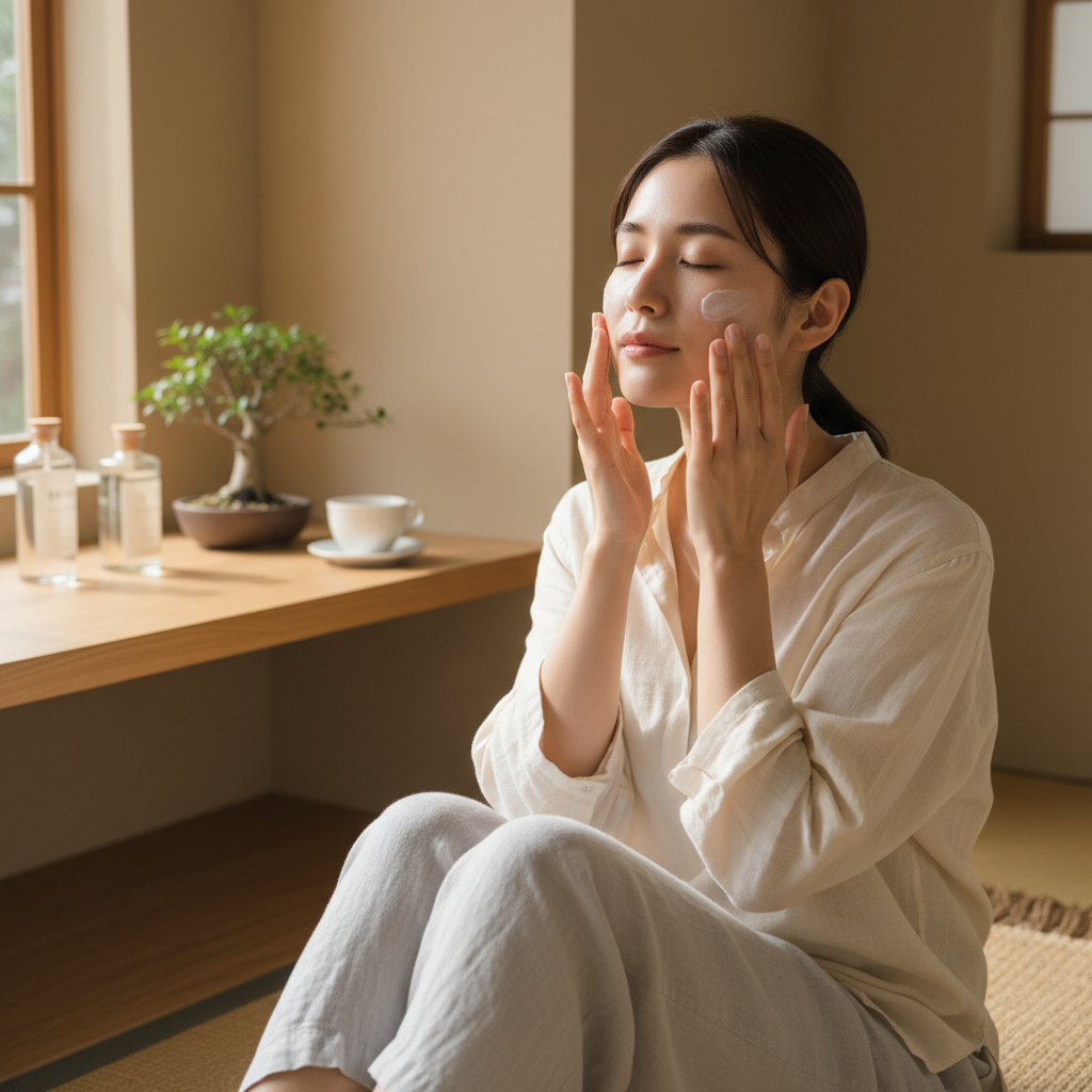 這張圖片展示一位女性在舒適的室內環境中使用保濕乳液，雙手輕柔地塗抹在臉上，展現出專注和放鬆的神情。背景中有優雅的盆栽和擺設，營造出温馨的護膚氛圍，適合強調保濕乳液的重要性。