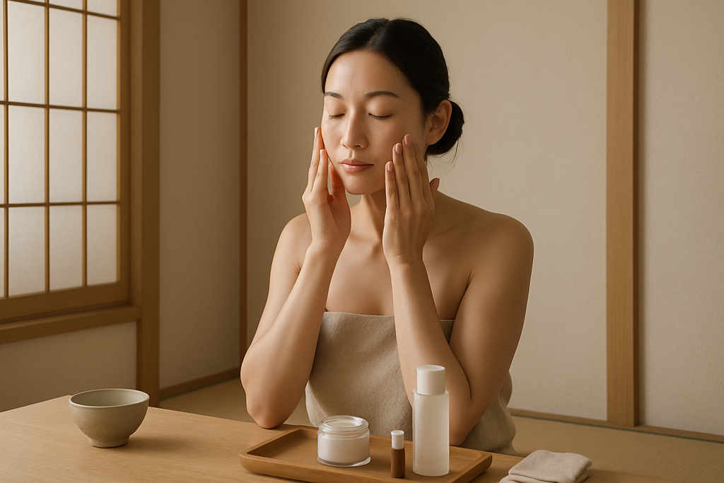 圖片中女性正輕柔地將保濕乳液塗抹在臉上，展現出保養的專注與放鬆，桌上擺放著多款護膚品，包含潔顏露、胺基酸洗面乳等，強調日常保濕的重要性。