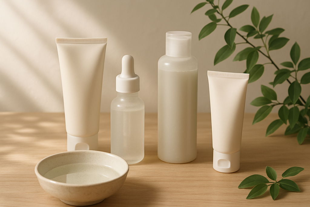圖中展示多款保濕乳液與清潔產品，包含一支透明瓶裝的保濕乳液、幾個自然色調的護膚品，用來改善肌膚的保濕效果，背景有柔和的光線與植物，讓整體感覺清新自然。