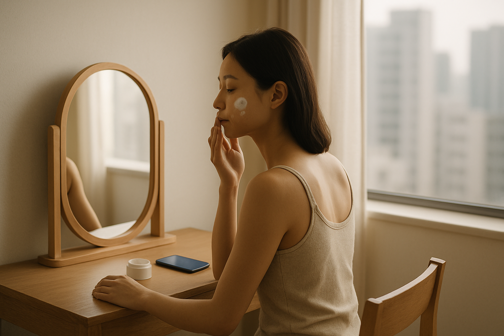 女生在鏡前溫柔護膚、強調日常保養的重要性
