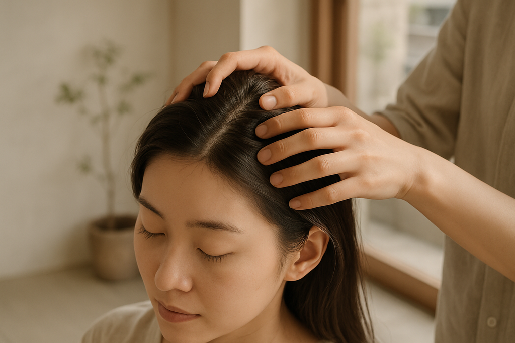 圖片中，一位女性正享受頭皮保養的按摩，手法輕柔，閉上眼睛感受放鬆。背景的自然光線在室內環境中流淌，旁邊擺放著一盆綠色植物，展現舒適的氛圍，強調頭皮保養的重要性與效果。