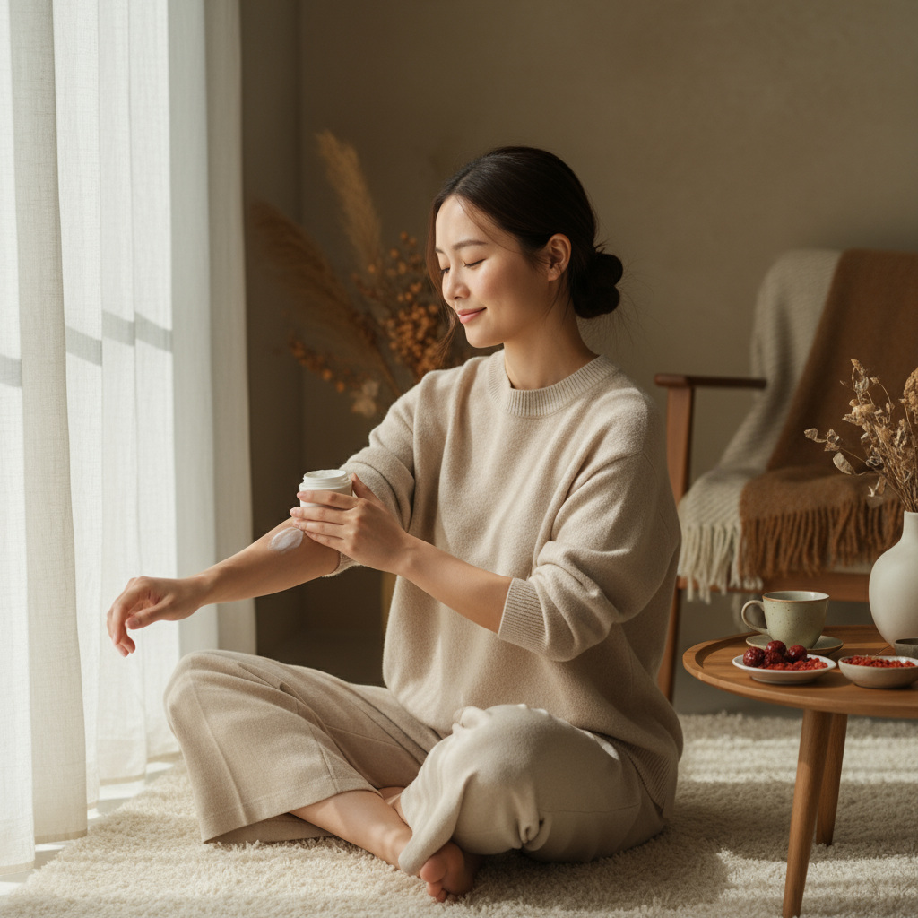 一位女性坐在充滿陽光的室內，手中拿著保濕乳液，正準備塗抹在手臂上，周圍擺放著茶杯和小點心，呈現舒適的護膚時光。