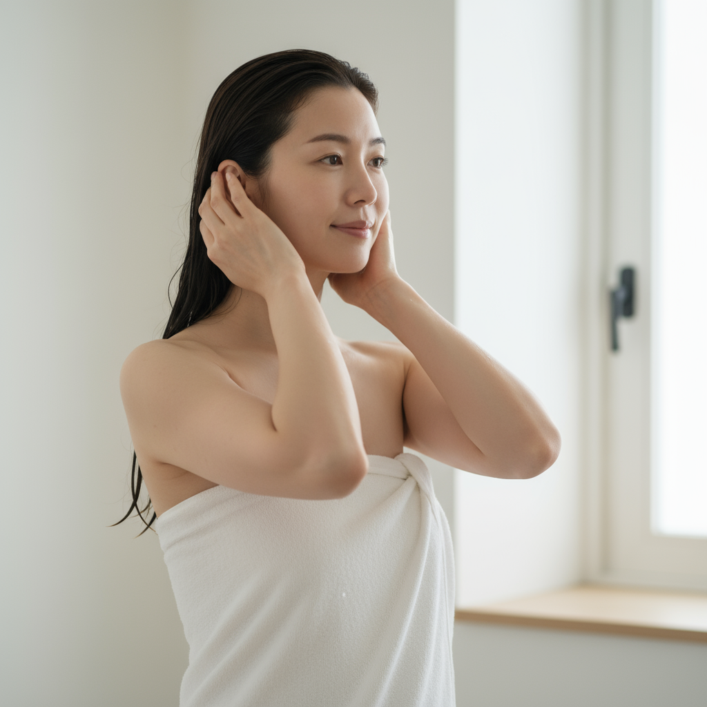 圖片中，一位年輕女性在清新明亮的浴室裡，雙手輕柔地撫摸著濕潤的頭髮，顯示出她在進行頭皮保養的過程，旁邊放著保濕乳液和護髮素，彰顯出現代女性對護髮的重要性。