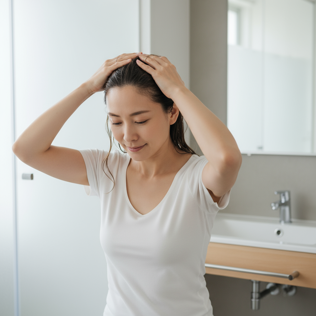 一名女性在浴室中進行頭皮護理，雙手輕柔地按摩著頭皮，展現出放鬆的表情，強調頭皮護理的重要性。