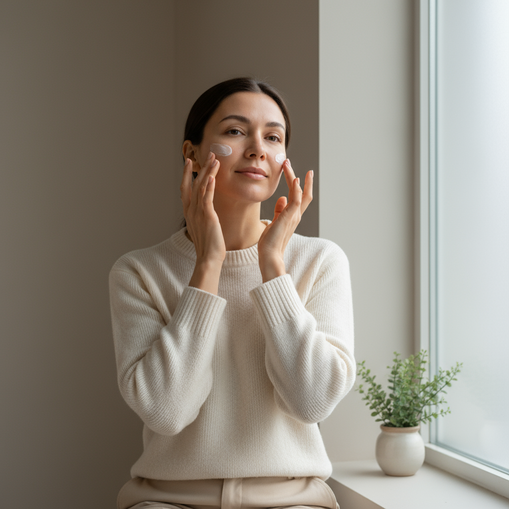 一位女性正在臉部塗抹保濕乳液，表情輕鬆愉快，背景是明亮的窗戶，搭配植物裝飾，展現出日常護膚的舒適氛圍。