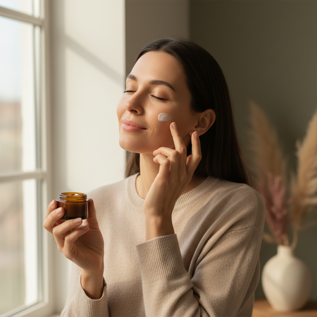 這張圖片展示了一位女性正在塗抹護膚品,手中持有一小罐護膚油,表情輕鬆愉悅,背景透過窗戶射進自然光,襯托出舒適的居家護膚氛圍。
