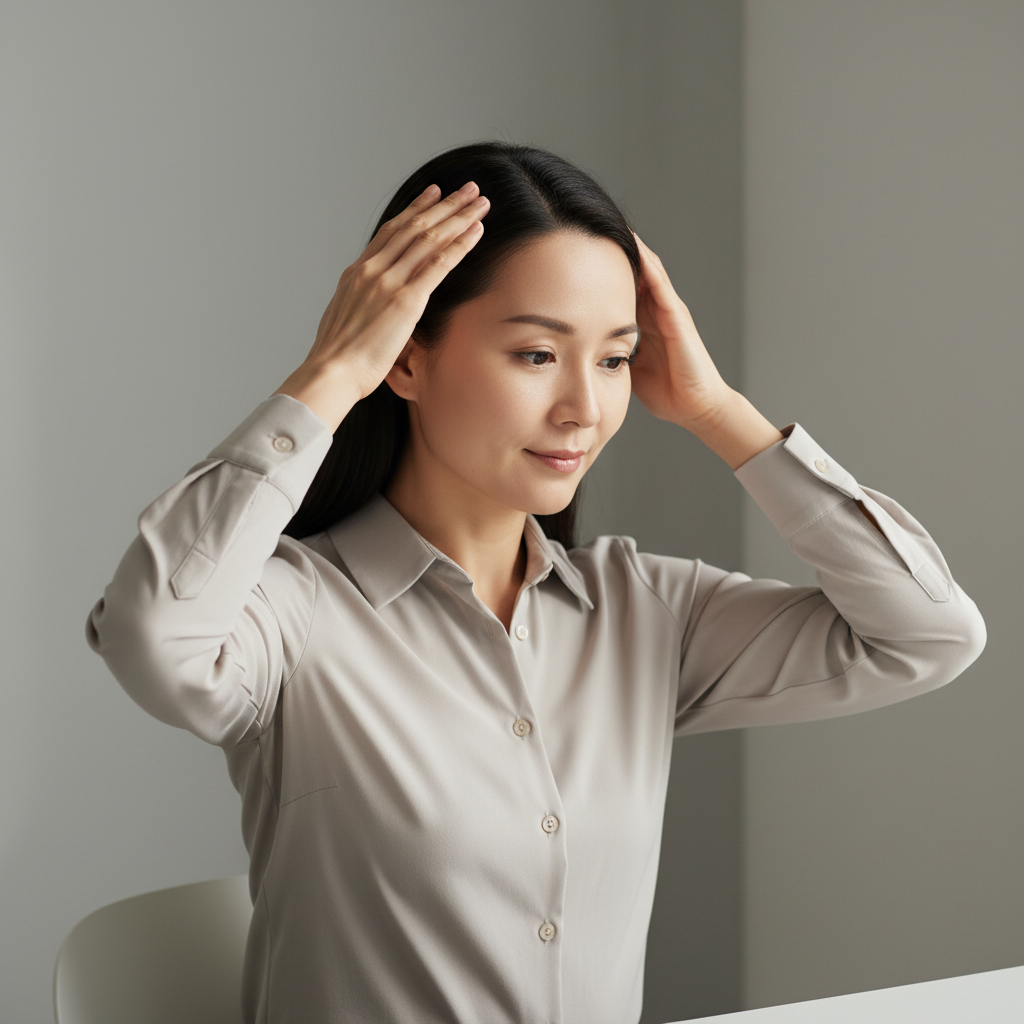 這張圖片展示一位女性在進行頭皮護理,雙手輕柔地按摩著頭皮,展現放鬆的氛圍,強調頭皮養護的重要性,適合推薦給關心頭皮護理的人士。