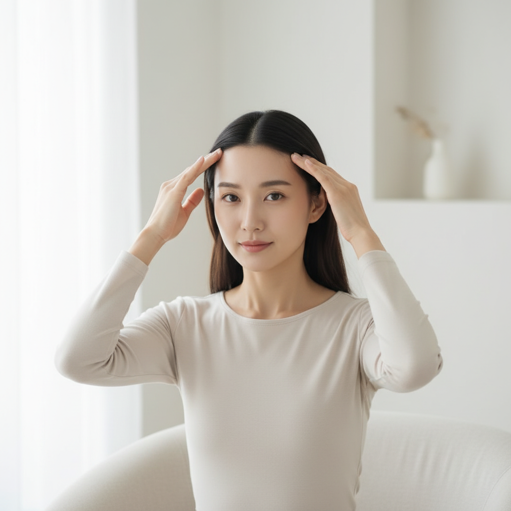 一位女性正在進行正確頭皮檢查，透過輕柔按摩，提升日常頭皮健康意識