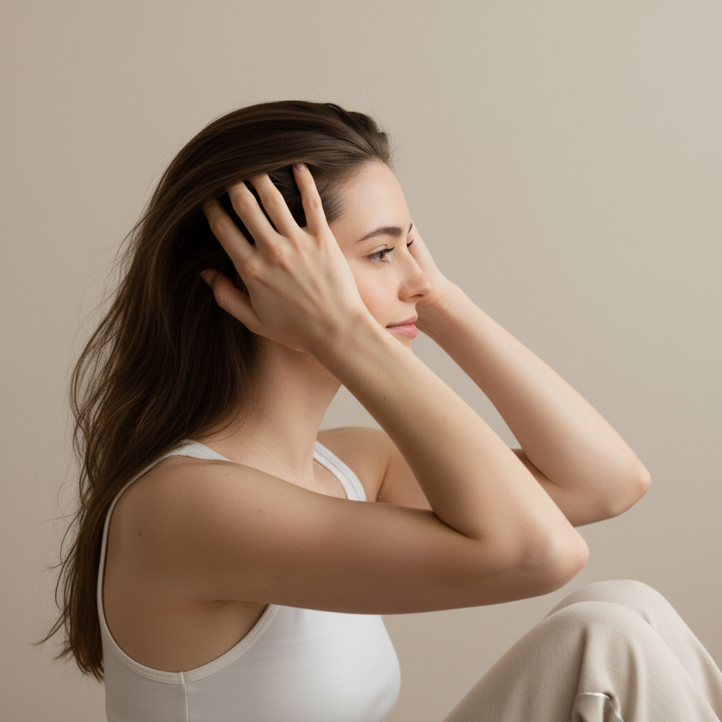 這張圖片展示了一位年輕女性安靜地坐在柔和的背景中,雙手輕輕撫摸自己的頭髮,表現出頭皮護理和放鬆的重要性,影響著她的頭皮養護習慣。