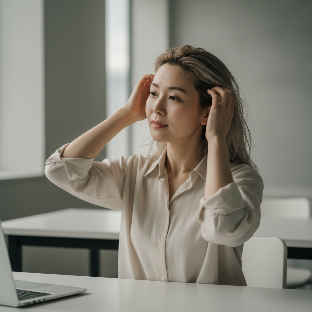 這張圖片展示了一位女性在辦公室中輕柔地撫摸自己的頭皮,表現出頭皮護理的重要性。環境明亮,強調護膚和頭皮養護的氛圍。