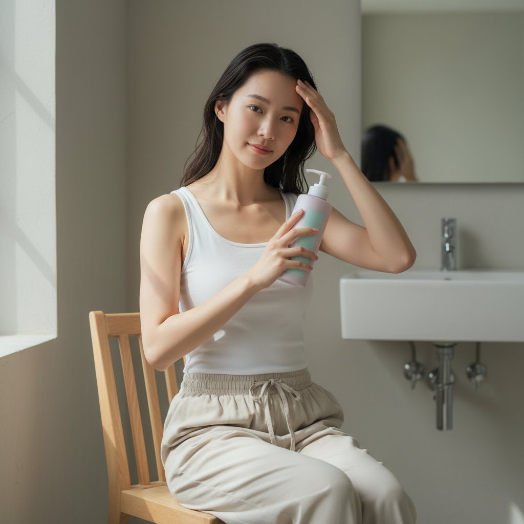 這張圖片展示了一位年輕女性坐在椅子上，手裡拿著一瓶頭皮護理產品，正輕輕梳理自己的頭髮，背景為明亮的浴室，傳遞自然護膚及頭皮護理的氛圍。