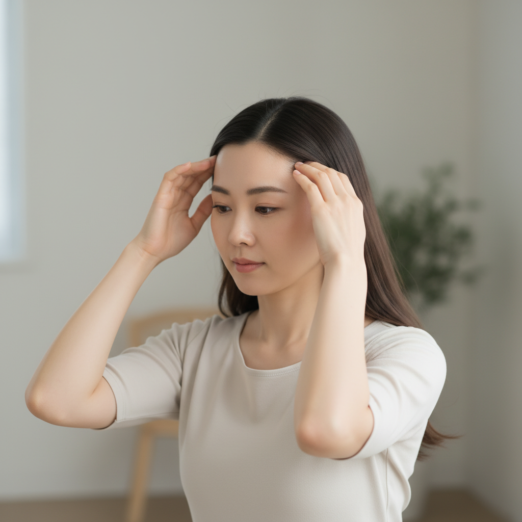 這張圖片展示了一位女性在進行頭皮護理，雙手輕輕按壓自己的頭部，以促進頭皮血液循環和放鬆，強調了頭皮護理的重要性。場景明亮、簡約，適合放鬆的居家環境。