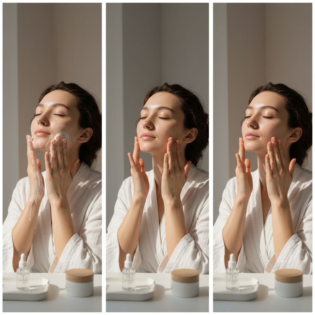一名女性在柔和的自然光下進行臉部護理，正在洗臉後輕柔地塗抹護膚油，強調肌膚保養的重要性，展現其頭皮養護與臉部保養的結合。