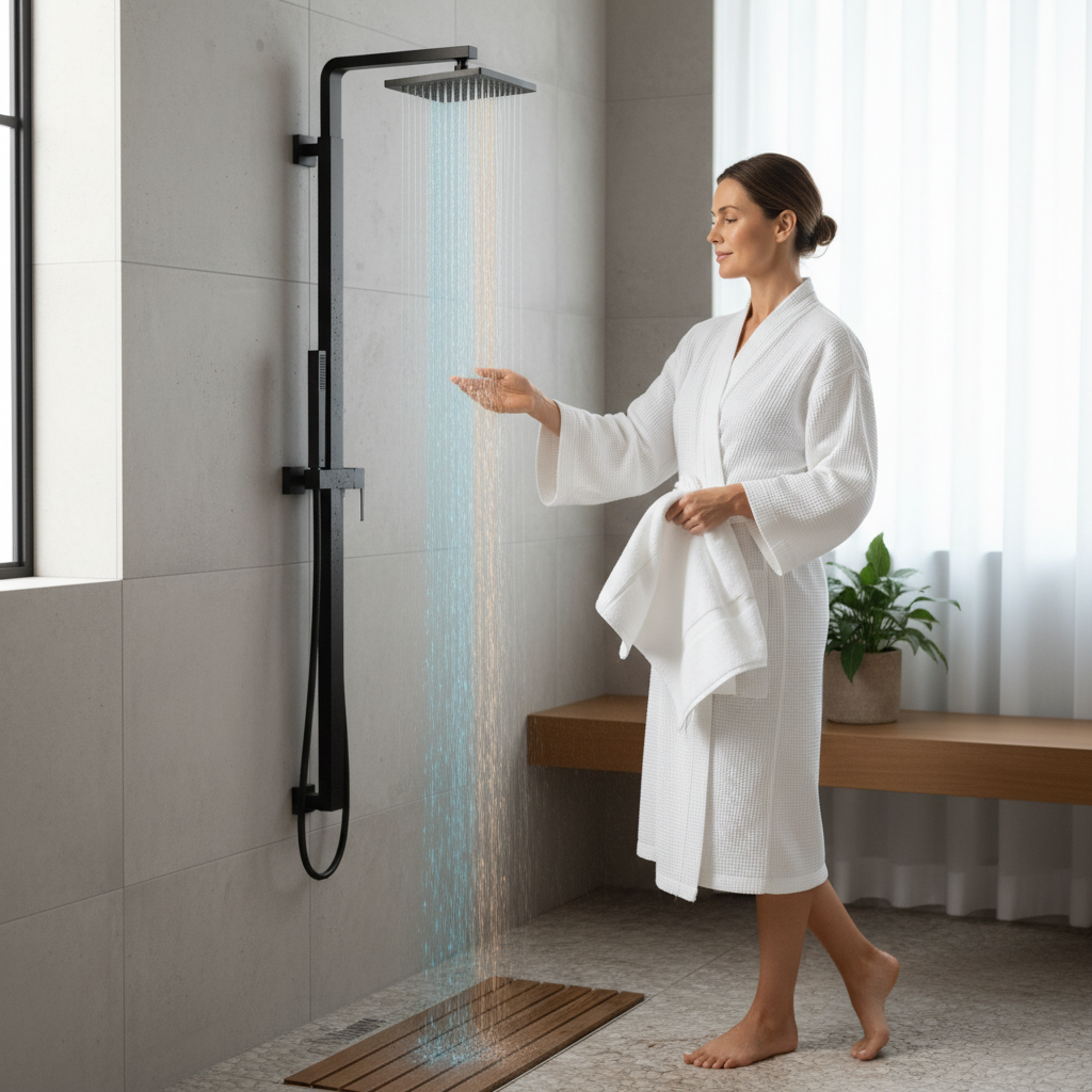 圖片展示一位女性穿著白色浴袍，在淋浴間享受頭皮護理的過程，強調居家正確洗頭皮流程的重要性。