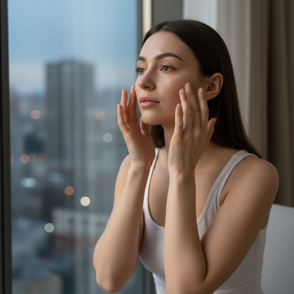 一位年輕女性在城市景觀前進行臉部護膚，她輕柔地將護膚油塗抹於臉部，展現正確的護膚步驟，彰顯頭皮護理與美容護膚的結合。