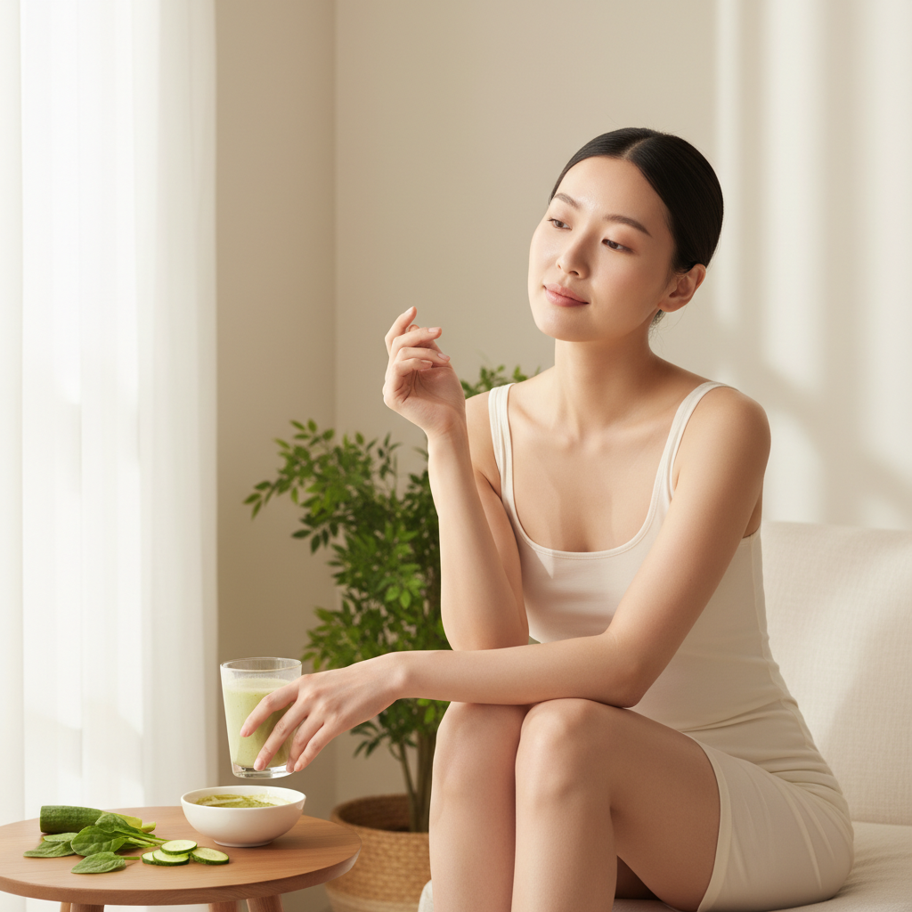 這張圖片展示了一位女性坐在明亮的室內環境中，手中握著一杯健康飲品，表情專注且放鬆。旁邊的桌子上擺放著新鮮的黃瓜片與清爽的綠色護膚產品，顯示出頭皮護理和護膚的健康生活方式，為想要改善頭皮狀況的人士提供靈感。