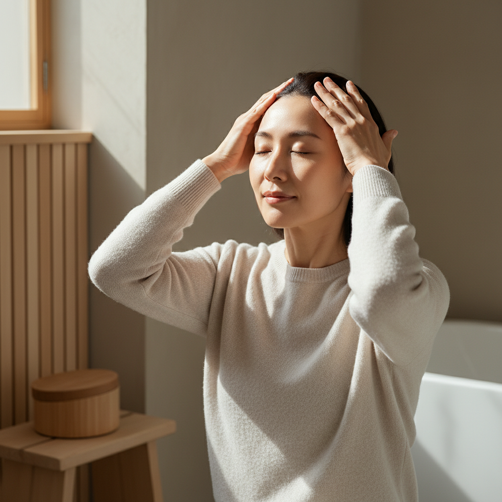女性輕柔按摩頭皮 展現健康舒適形象