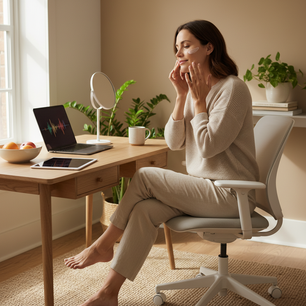 在舒適的家中，一位女性坐在辦公桌前，正在進行護膚程序，臉上塗抹護膚品，桌上擺放著水果和電子產品，窗外自然光灑入，營造出輕鬆愉悅的氛圍。