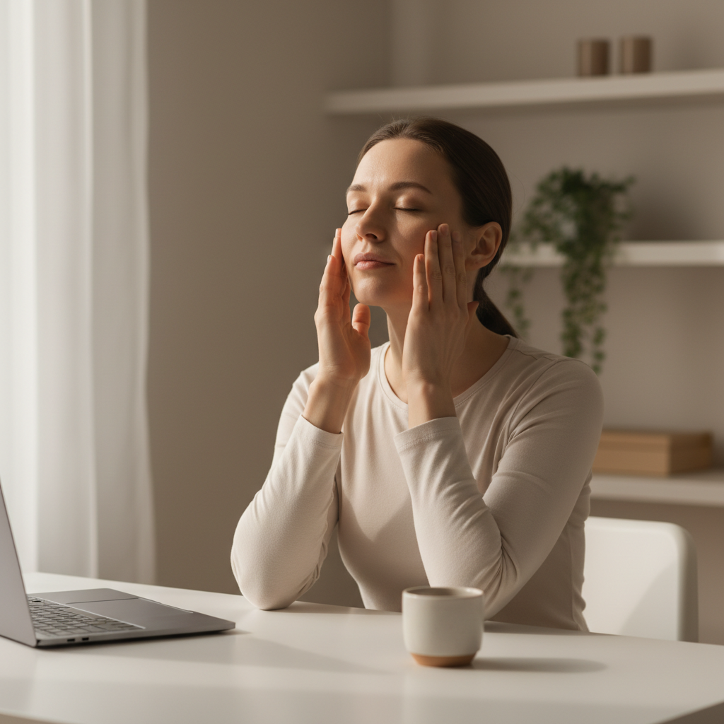 圖片中一位女性坐在桌前，專注地進行護膚，雙手輕觸臉頰，展現出放鬆自我護理的狀態，桌上有筆記型電腦和一杯飲品，營造出居家護膚的舒適氛圍。