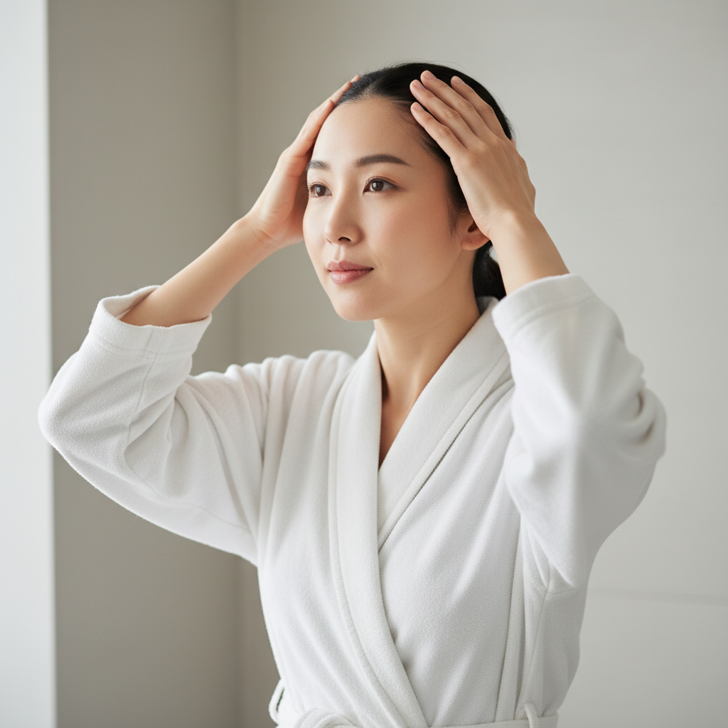 年輕女性在頭皮護理spa中輕柔地按摩頭皮，穿著白色浴袍，享受放鬆的護膚過程，四周環境簡約舒適，示範正確的頭皮養護方法。
