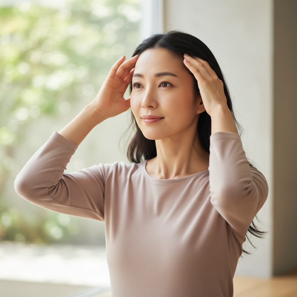 一位女性在明亮的室內，雙手輕輕撫摸頭皮，展現放鬆的頭皮護理過程，背景有自然光透入，營造舒適的頭皮護理氛圍。