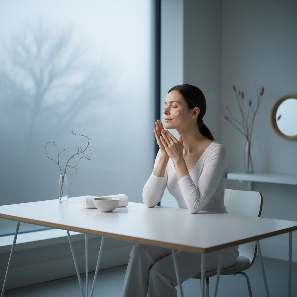 這張圖片展示一位女性坐在現代化的環境中，專注於臉部護理，她的雙手輕柔地塗抹護膚品，帶著滿足的微笑，展現出日常護膚的重要性，符合護膚、肌膚保養的主題。