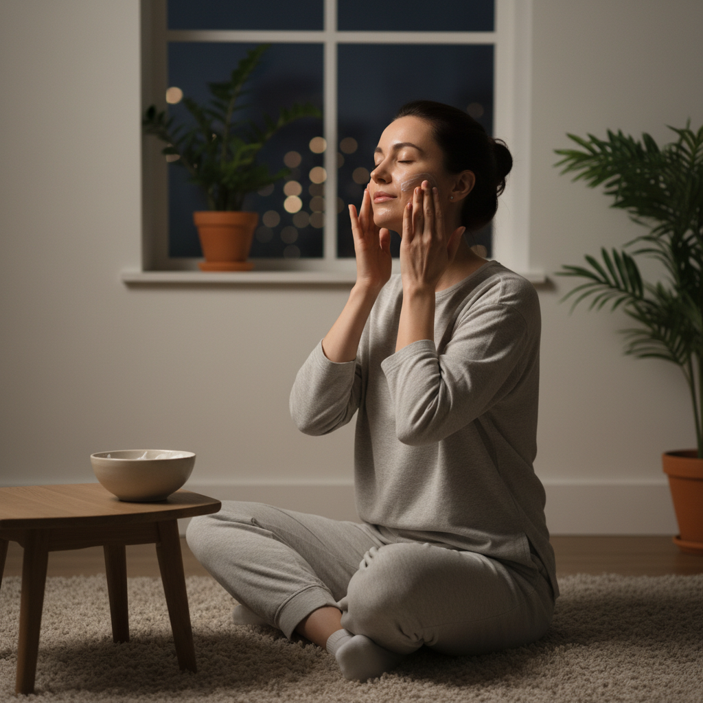 一位女性在夜晚的寧靜環境中，坐在地毯上進行護膚，輕柔地將護膚品塗抹在臉上。窗外的夜景和綠色植物增添了溫馨的氛圍，展現出一種放鬆的護膚時光。