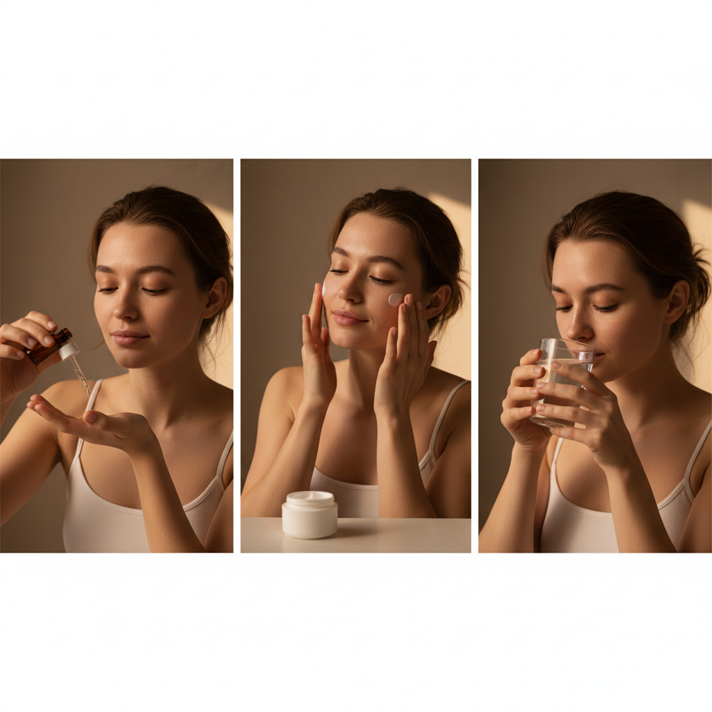 一名年輕女性正在進行護膚，首先用手掌接收護膚油，隨後輕輕將油塗抹於臉部，最後她正在享用一杯水，展現健康的護膚習慣，整個氛圍舒適自然。