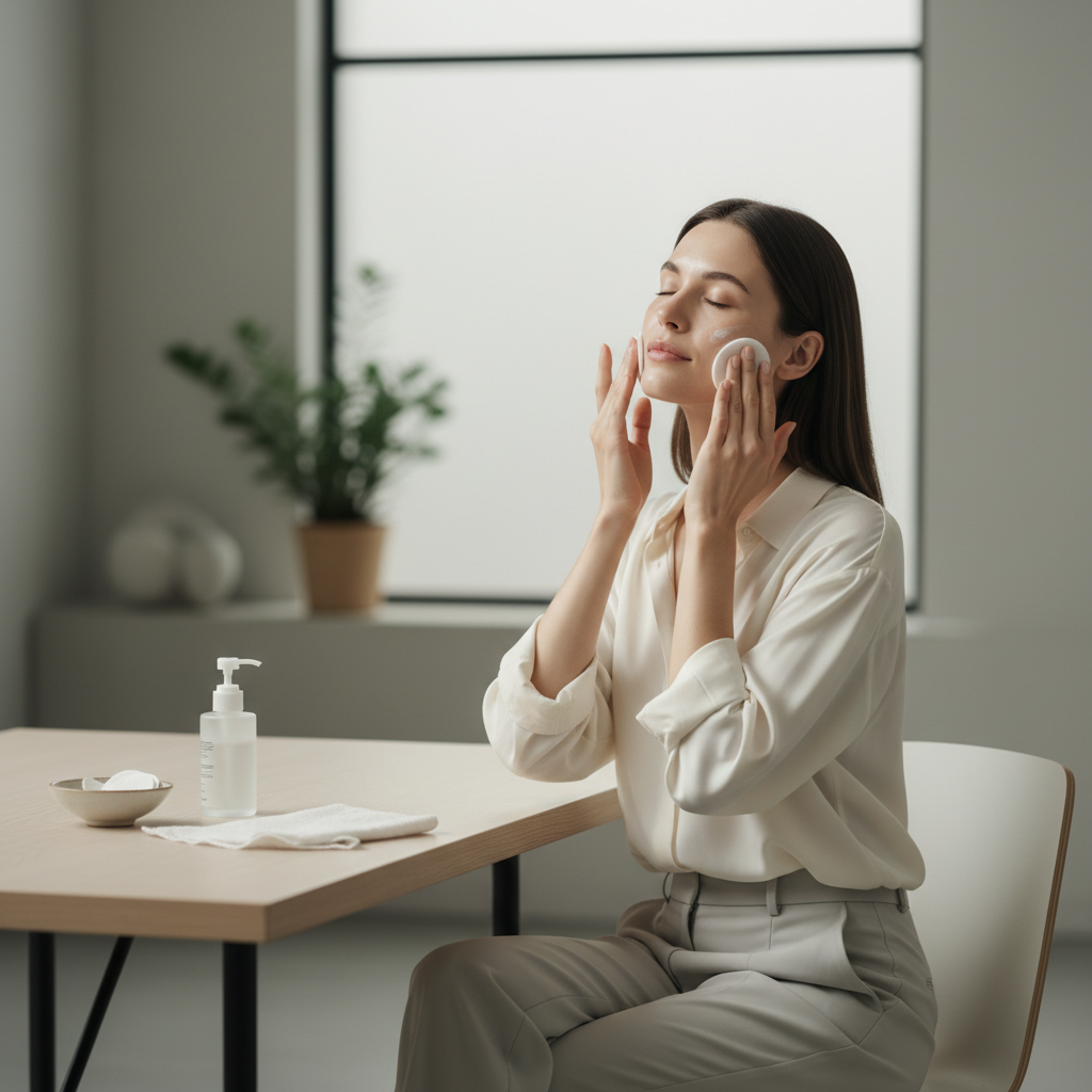 一位女性正在進行臉部護膚，面對鏡子輕輕塗抹護膚油，旁邊擺放著護膚品和清潔用品，展現專注的護膚過程，讓肌膚獲得全面的保養。