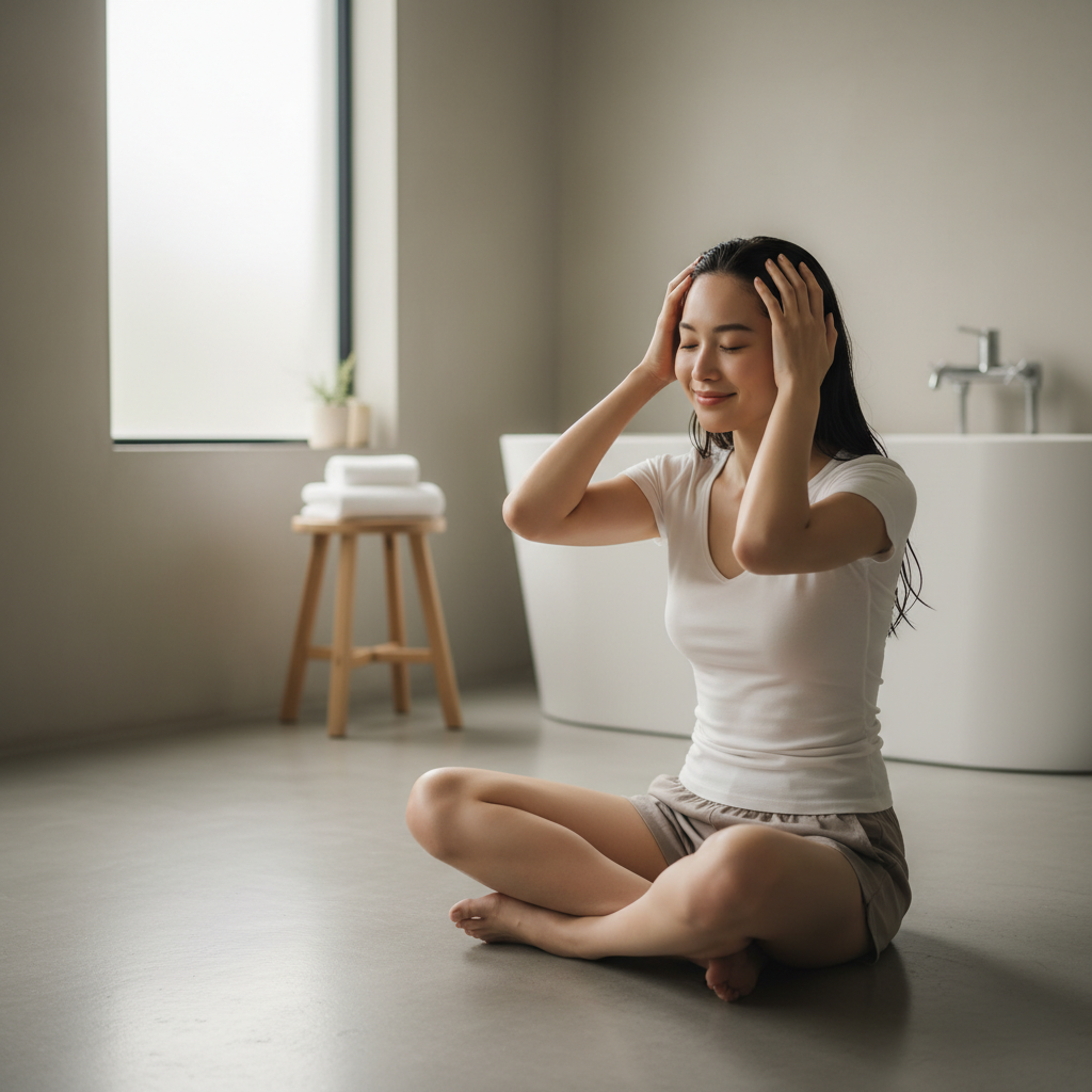 圖片中一位女性正坐在舒適的環境中，雙手輕輕按壓著頭皮，營造放鬆的氛圍，展示頭皮護理的重要性與頭皮 spa 體驗。不同年齡層日常護理的最佳實踐。
