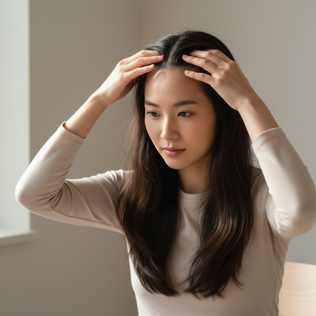 一位女性在明亮的室內進行頭皮護理,輕柔地用手指按摩頭皮,展現頭皮保養的重要性。這樣的頭皮護理對於舒緩壓力、改善頭皮健康極為有益,是現代女性護膚的一部分。