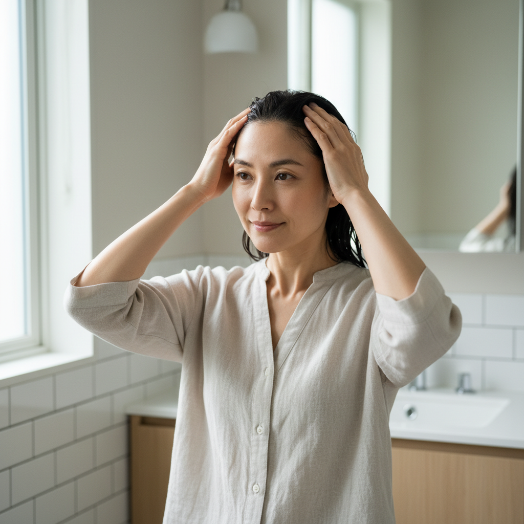 一位女性在浴室內進行頭皮護理，她雙手輕輕按摩頭皮，展現放鬆的神情，這是一個注重頭皮護理的場景，適合推廣頭皮 spa課程。