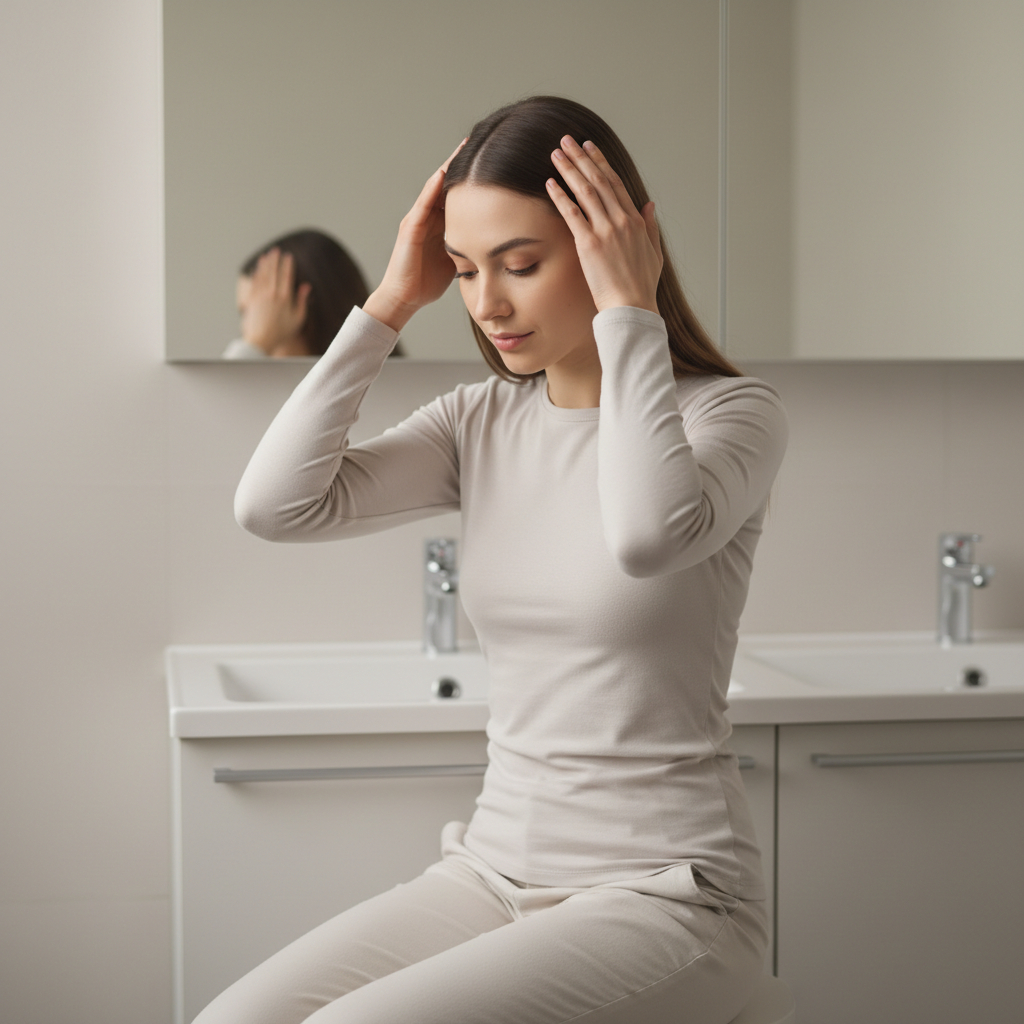 一位女性坐在洗手間的椅子上,輕輕地觸摸她的頭皮,似乎正享受頭皮護理的放鬆時刻,周圍的環境簡潔明亮,襯托出她注重頭皮養護的日常。